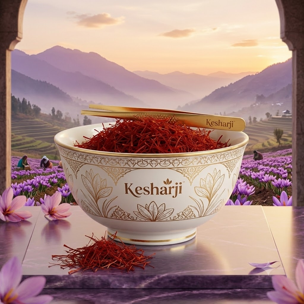 Kesharji Saffron - Pristine Himalayan Mountains & Harvest Fields Framed Through Palace Arch